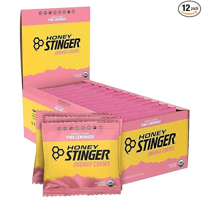 Honey Stinger Organic Energy Chews - Pink Lemonade | Gluten-Free, Caffeine-Free, Natural Sports Nutrition | 12 Pack (21.6 oz) | Pre & Mid Workout Fuel for Running, Cycling, Gym