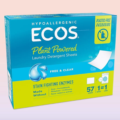 ECOS Laundry Detergent Sheets Vegan, No Plastic Jug, No Mess & Liquid Free - Laundry Sheets in Washer - Hypoallergenic, Plant Powered Laundry Detergent Sheets - Free & Clear 57 Count(Pack of 2)