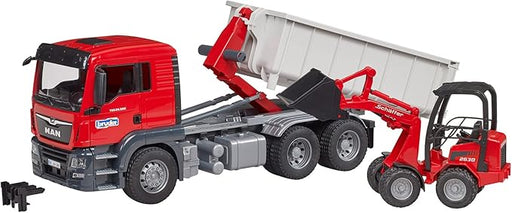 Bruder 03767 Man TGS Truck with Roll Off Container and Schäffer Compact Loader 2630