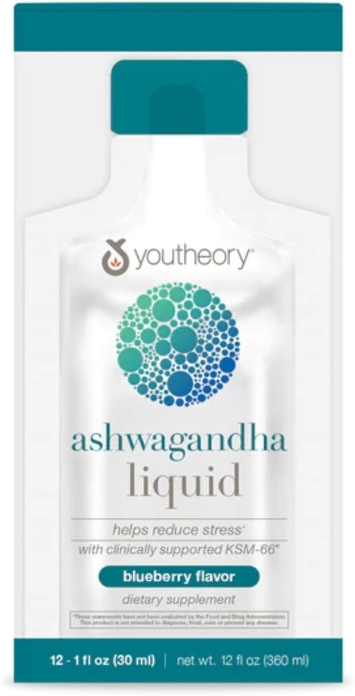 Youtheory Ashwagandha Liquid - Organic KSM-66 Ashwagandha Supplement to Support Stress Relief* - Vegan - Dairy, Soy & Gluten Free - 12 Single-Serving Packets