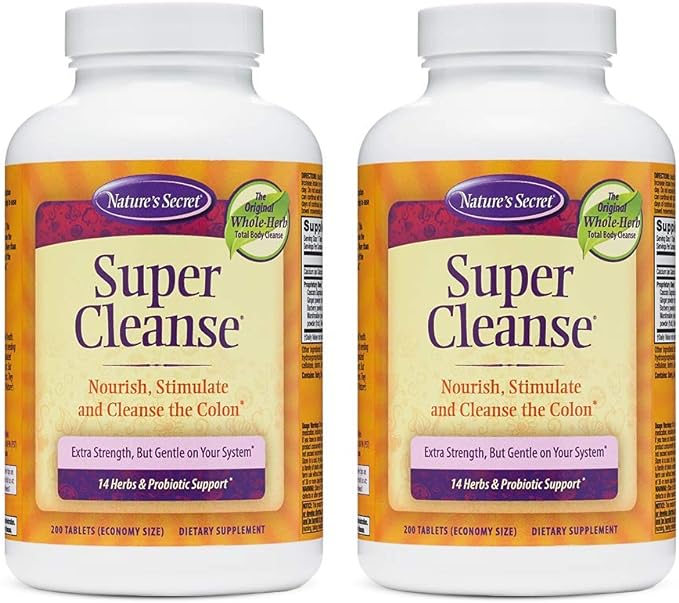 Nature's Secret Super Cleanse Extra Strength Toxin Detox & Gentle Elimination Body Cleanse, Digestive & Colon Health Support - Stimulating Blend of 14 Herbs with Probiotics - 200 Tablets (Pack of 2)