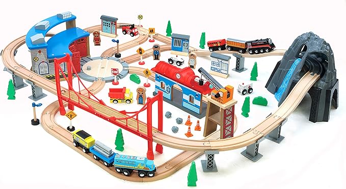 Maxim 100 pc Mountain Wooden Train Set with Roundhouse for Toddler with Double-Side Train Tracks Fits Brio, Thomas, Melissa and Doug, Kids Wood Toy Train for 3,4,5 Year Old Boys and Girls