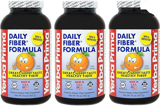 Yerba Prima Daily Fiber Formula 16 oz Powder (Pack of 3) - Great Tasting Premium Dietary Fiber Supplement, Made in the USA, Non-GMO, Gluten Free, Natural Orange Flavor