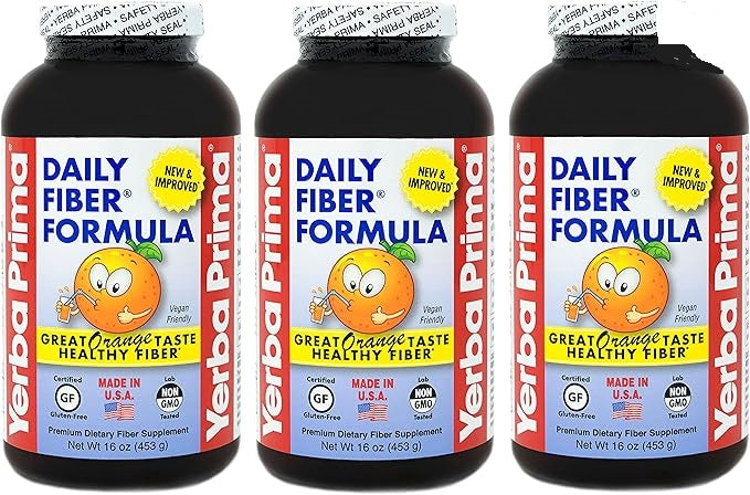 Yerba Prima Daily Fiber Formula 16 oz Powder (Pack of 3) - Great Tasting Premium Dietary Fiber Supplement, Made in the USA, Non-GMO, Gluten Free, Natural Orange Flavor