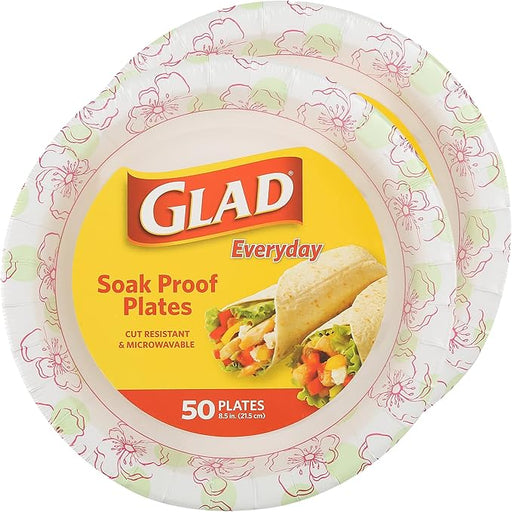 Glad Disposable Paper Plates for All Occasions - Round Soak Proof, Cut Proof, Microwaveable Heavy Duty Disposable Plates - Bulk Paper Plates, Pink Flower Print, 8.5" Inch, 50 Count - 2 Pack