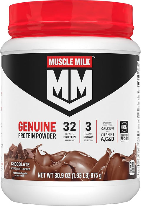 Muscle Milk Genuine Protein Powder, Chocolate, 1.93 Pounds, 12 Servings, 32g Protein, 3g Sugar, Calcium, Vitamins A, C & D, NSF Certified for Sport, Energizing Snack