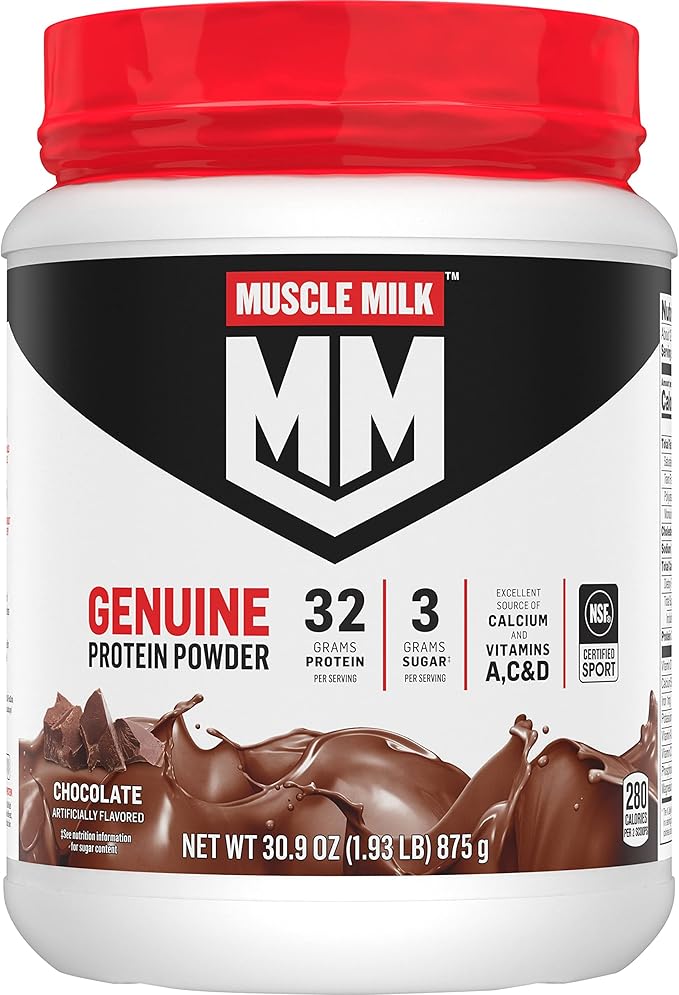 Muscle Milk Genuine Protein Powder, Chocolate, 1.93 Pounds, 12 Servings, 32g Protein, 3g Sugar, Calcium, Vitamins A, C & D, NSF Certified for Sport, Energizing Snack