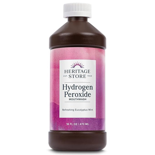 Heritage Store Hydrogen Peroxide Mouthwash - Daily Oral Care - Eucalyptus and Fresh Mint Mouth Wash - Gentle Bubbling Action for Clean, Healthy Gums and a Fresh Mouth, Sweetened with Xylitol, 16oz