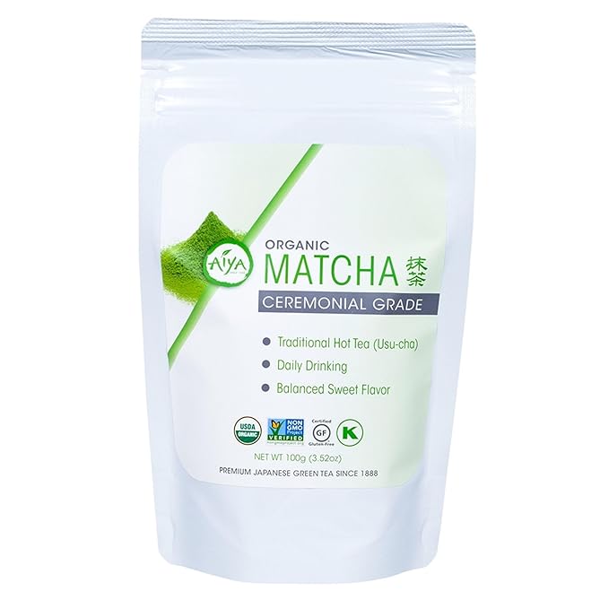 Aiya Certified USDA Japanese Organic Ceremonial Grade Matcha Green Tea Powder - Gluten-Free, Non-GMO - 100g Bag (3.53 oz.)