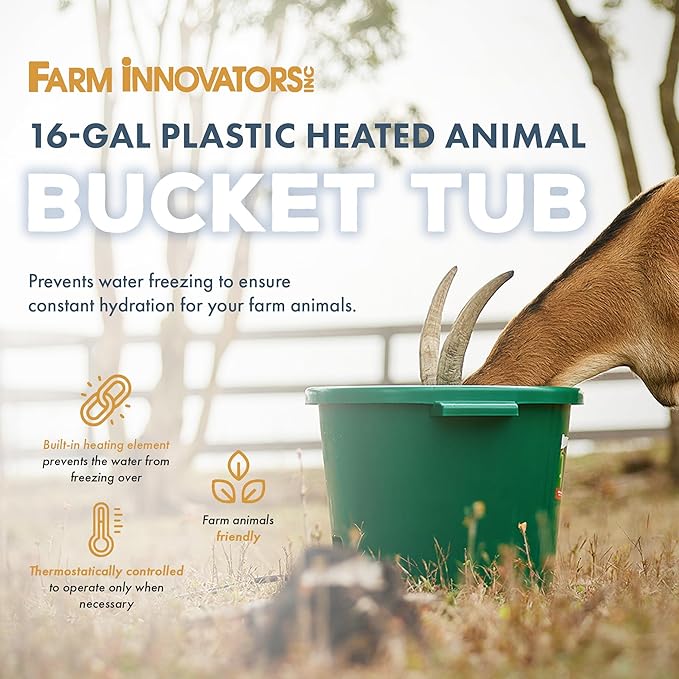 Farm Innovators HT-200 16 Gallon Plastic Heated Livestock Pet Farm Animal Water Bucket Tub with Hidden De-Icer Heating Element, Green