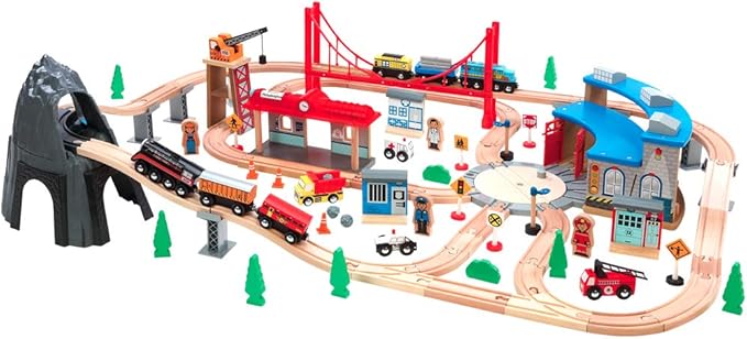 Maxim 100 pc Mountain Wooden Train Set with Roundhouse for Toddler with Double-Side Train Tracks Fits Brio, Thomas, Melissa and Doug, Kids Wood Toy Train for 3,4,5 Year Old Boys and Girls