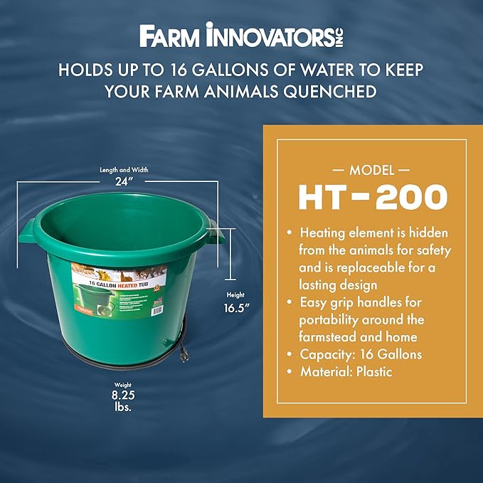 Farm Innovators HT-200 16 Gallon Plastic Heated Livestock Pet Farm Animal Water Bucket Tub with Hidden De-Icer Heating Element, Green