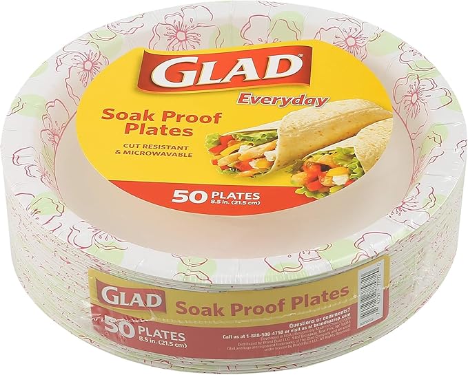 Glad Disposable Paper Plates for All Occasions - Round Soak Proof, Cut Proof, Microwaveable Heavy Duty Disposable Plates - Bulk Paper Plates, Pink Flower Print, 8.5" Inch, 50 Count - 2 Pack