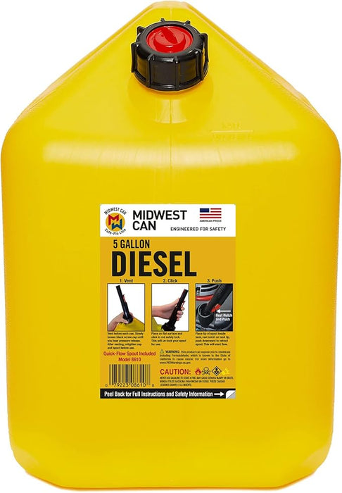 Midwest Can Company 8610 EPA & CARB Compliant 5 Gallon Diesel Can Fuel Container with Flame Shield Safety System and Auto Shut Off (4 Pack)