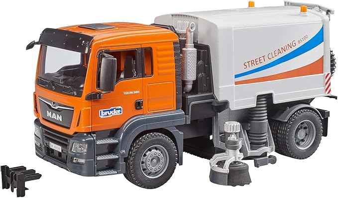 Bruder Toys - Commercial Realistic MAN TGS Street Sweeper Truck with Open-able Doors, Adjustable Brushes, and Flexible Hose - Ages 4+