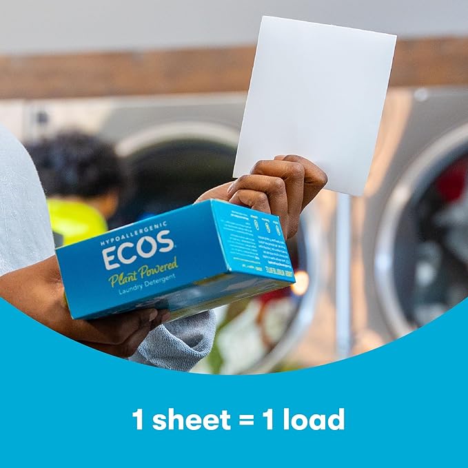 ECOS Laundry Detergent Sheets Vegan, No Plastic Jug, No Mess & Liquid Free - Laundry Sheets in Washer - Hypoallergenic, Plant Powered Laundry Detergent Sheets - Free & Clear 57 Count(Pack of 2)