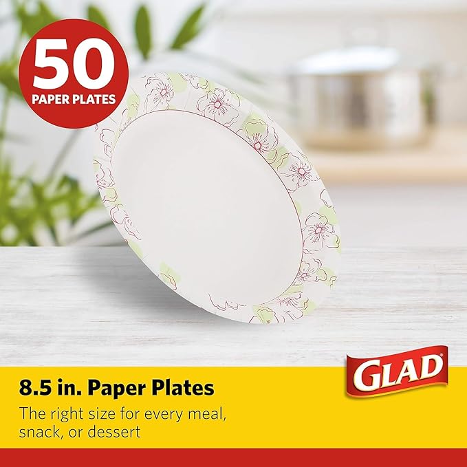 Glad Disposable Paper Plates for All Occasions - Round Soak Proof, Cut Proof, Microwaveable Heavy Duty Disposable Plates - Bulk Paper Plates, Pink Flower Print, 8.5" Inch, 50 Count - 2 Pack