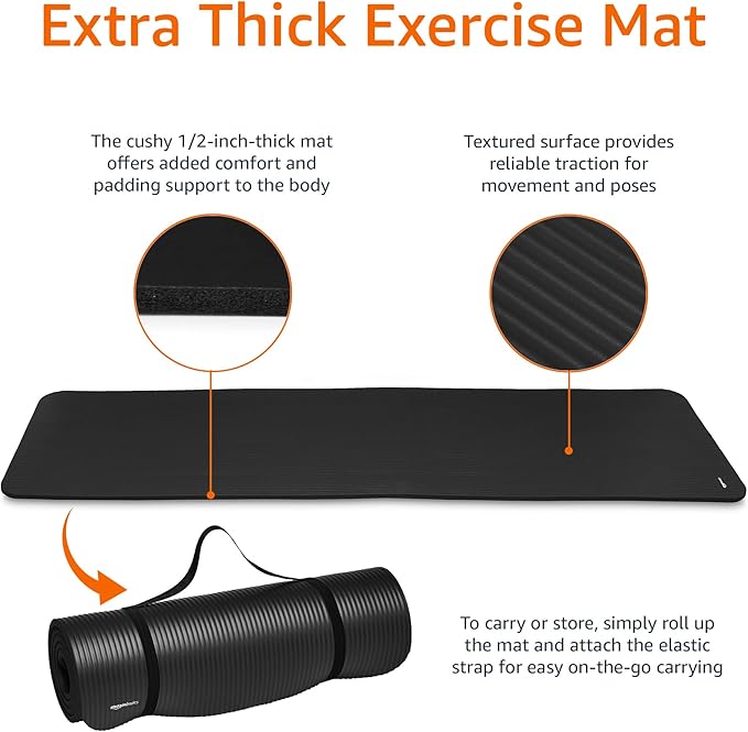 Amazon Basics 1/2 Inch Extra Thick Exercise Yoga Mat with Carrying Strap