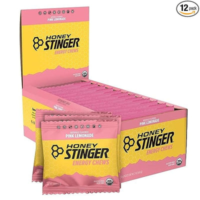Honey Stinger Organic Energy Chews - Pink Lemonade | Gluten-Free, Caffeine-Free, Natural Sports Nutrition | 12 Pack (21.6 oz) | Pre & Mid Workout Fuel for Running, Cycling, Gym