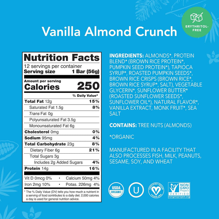 ALOHA Organic Protein Bar – Vanilla Almond Crunch, Plant-Based, 14g Protein, 12-Pack