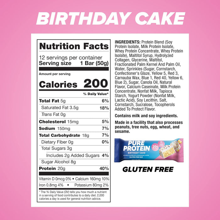 Pure Protein Bars – Birthday Cake Flavor – High Protein, Low Sugar, Gluten-Free – 20g Protein, 1.76 oz – Pack of 12