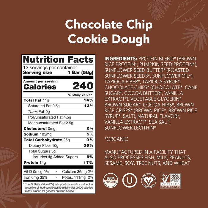 ALOHA Organic Plant-Based Protein Bars – Chocolate Chip Cookie Dough, 14g Protein, 12-Pack