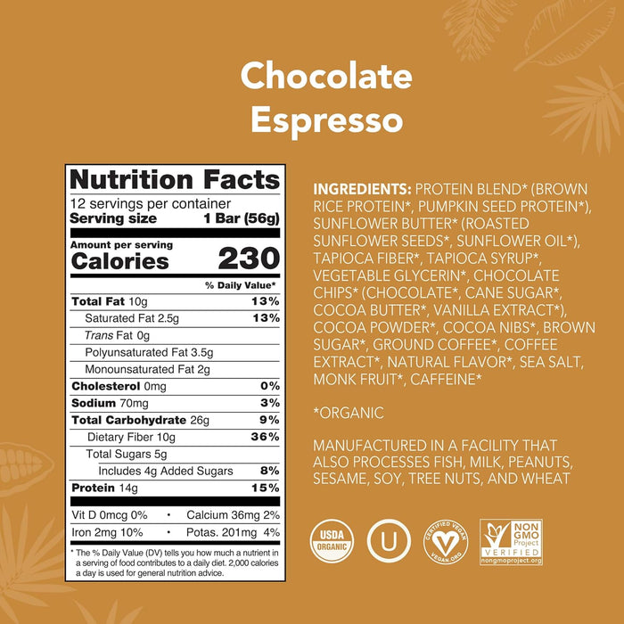 ALOHA Organic Plant-Based Protein Bars – Chocolate Espresso, 14g Protein + 85mg Caffeine (12-Pack)