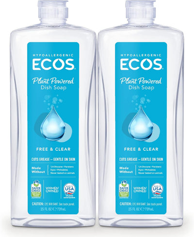 ECOS® Hypoallergenic Dish Soap – Free & Clear, 25 fl oz (Pack of 2) | Fragrance-Free, Plant-Based & Non-Toxic