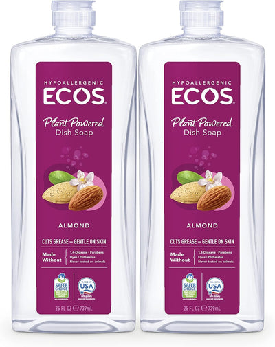 ECOS® Hypoallergenic Dish Soap – Natural Almond Scent, 25 oz (2-Pack) | Plant-Powered, Non-Toxic, pH-Balanced