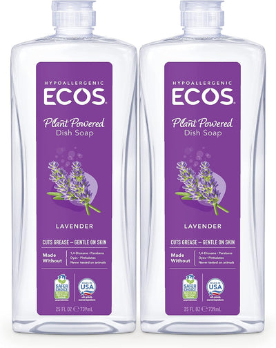 ECOS® Hypoallergenic Dish Soap – Natural Lavender, 25 fl oz (Pack of 2) | Plant-Based, Non-Toxic & pH-Balanced