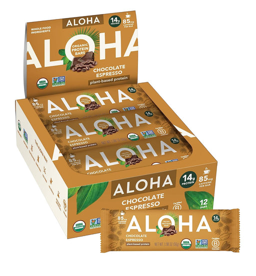 ALOHA Organic Plant-Based Protein Bars – Chocolate Espresso, 14g Protein + 85mg Caffeine (12-Pack)