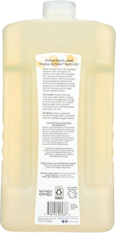 ECOS Non-Toxic All-Purpose Cleaner – Orange, 80 oz Refill Kit (16 oz + 64 oz) | Plant-Based, Safer Choice Certified