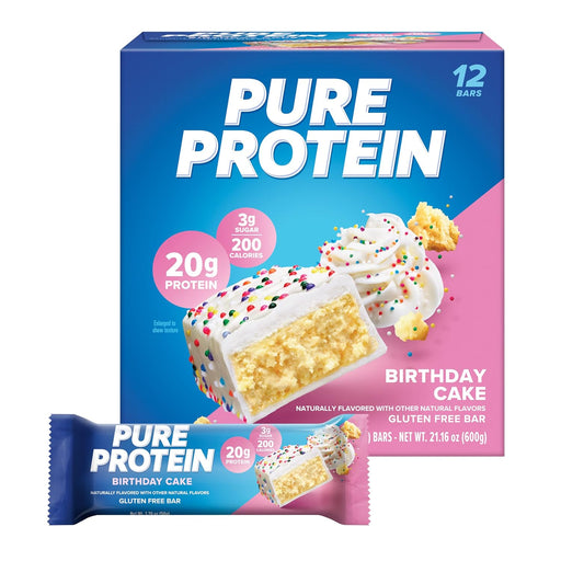 Pure Protein Bars – Birthday Cake Flavor – High Protein, Low Sugar, Gluten-Free – 20g Protein, 1.76 oz – Pack of 12
