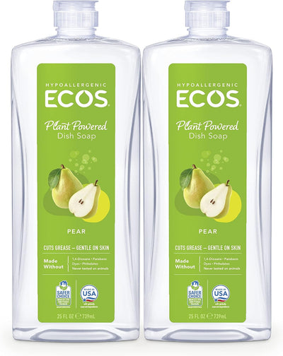 ECOS® Dish Soap, Natural Pear – Hypoallergenic, Plant-Powered, Biodegradable Grease-Cutting Formula (Pack of 2 x 25 fl oz)