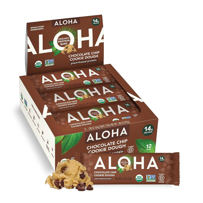 ALOHA Organic Plant-Based Protein Bars – Chocolate Chip Cookie Dough, 14g Protein, 12-Pack
