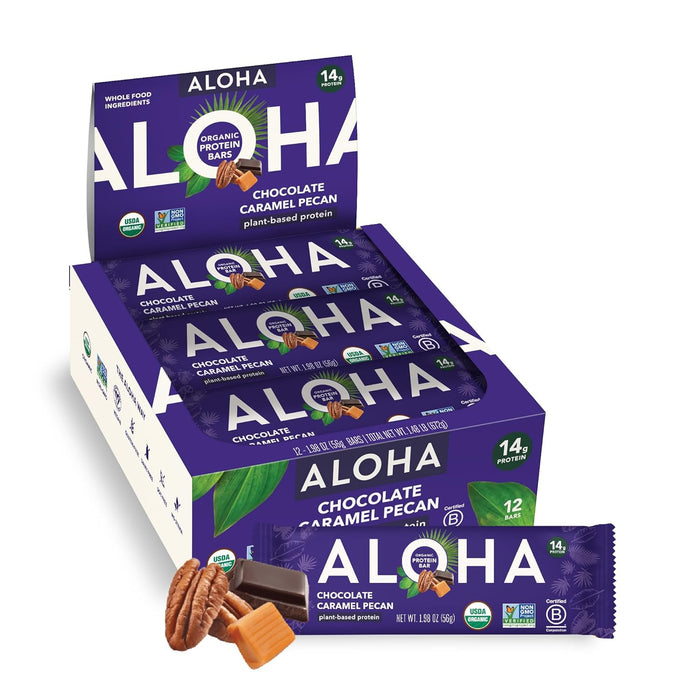 ALOHA Organic Protein Bars – Chocolate Caramel Pecan, Plant-Based, 14g Protein, 12-Pack
