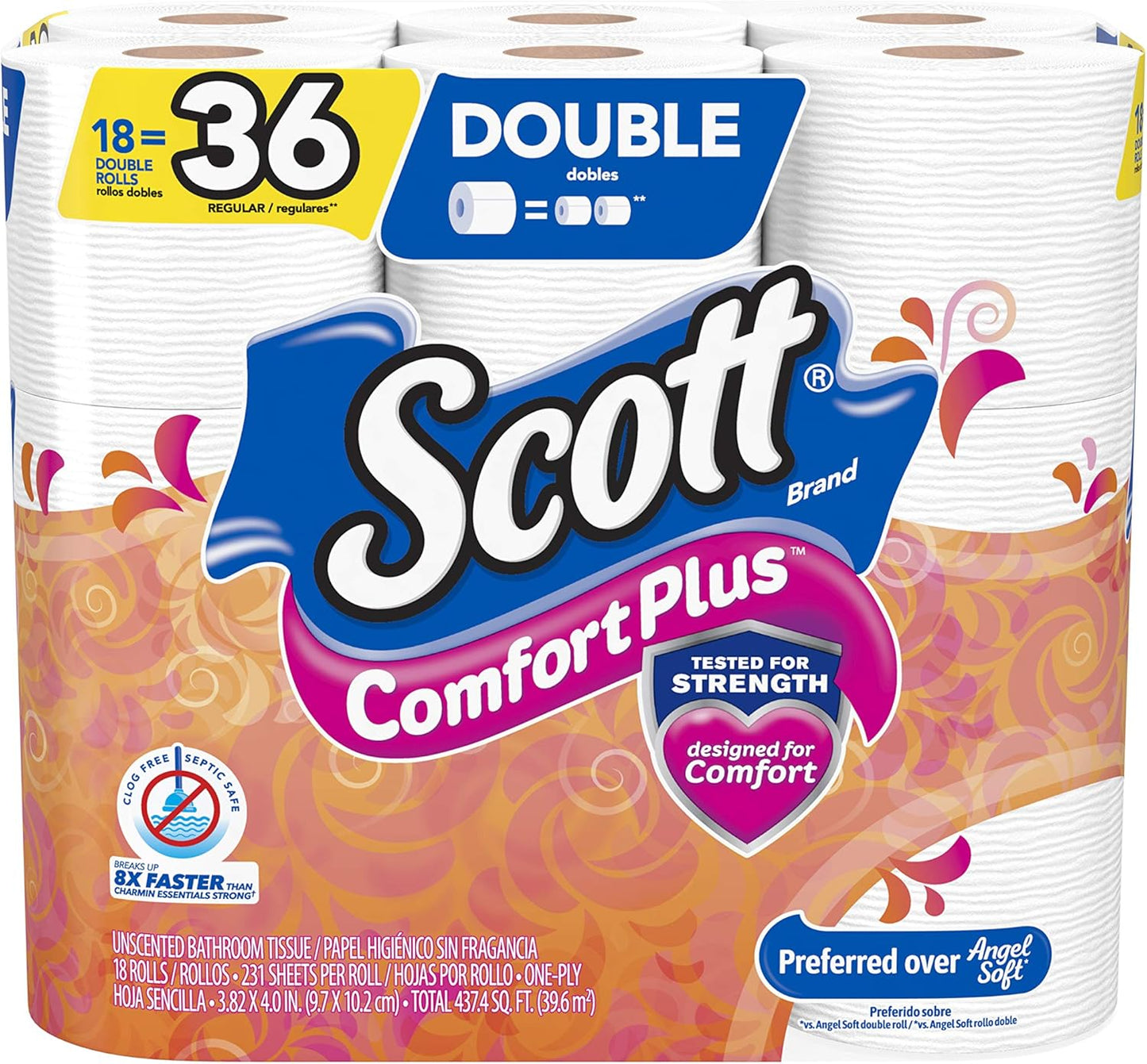 Scott ComfortPlus Toilet Paper – 18 Double Rolls (Equals 36 Regular Rolls) | Thick, Soft, Septic-Safe Bath Tissue
