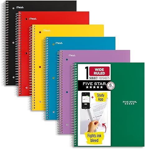 Five Star Spiral Notebooks + Study App, 6 Pack, 1 Subject, Wide Ruled Paper, Fights Ink Bleed, Water Resistant Cover, 8-1/2" x 10", 100 Sheets, Black, Red, Yellow, Purple, Green, Blue (38042)