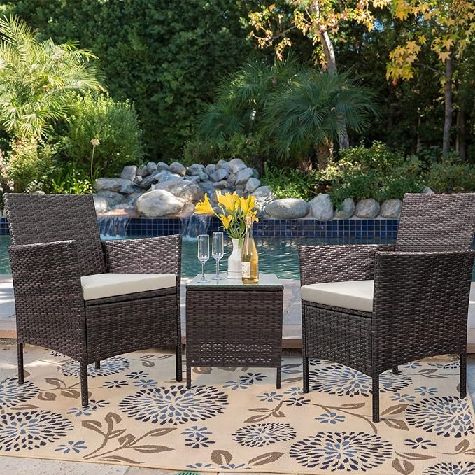 Devoko Patio Porch Furniture Sets 3 Pieces PE Rattan Wicker Chairs with Table Outdoor Garden Furniture Sets (Brown/Beige)