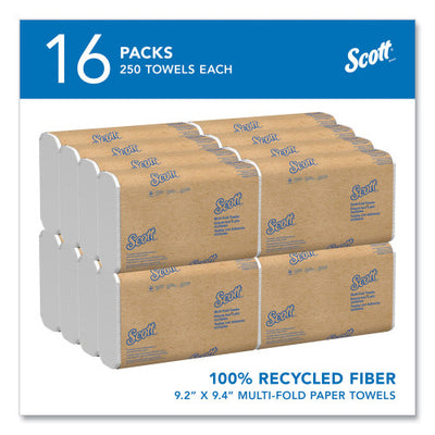 Scott® Essential Multi-Fold Paper Towels, 100% Recycled, 1-Ply, White, 9.2" x 9.4", 250 Sheets/Pack, 16 Packs/Carton (01807)