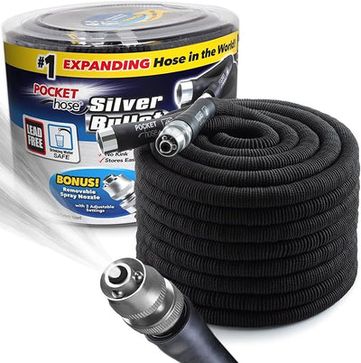 Pocket Hose Silver Bullet 100 ft – Expandable Garden Hose with Turbo Shot Nozzle, 3/4 in Aluminum Fittings, Lightweight & No-Kink, Black
