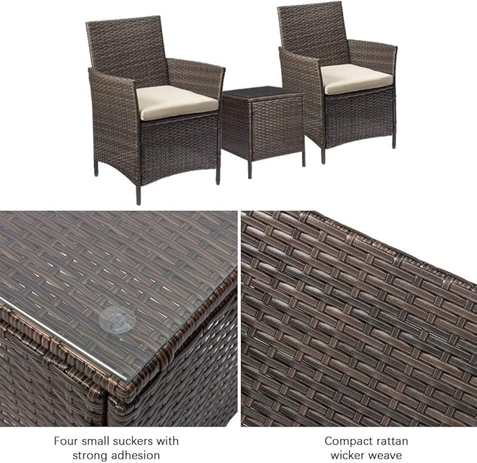 Devoko Patio Porch Furniture Sets 3 Pieces PE Rattan Wicker Chairs with Table Outdoor Garden Furniture Sets (Brown/Beige)