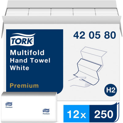 Tork® Premium Multifold Paper Towels, 1-Ply, White, 3000 Towels/Carton (420580)